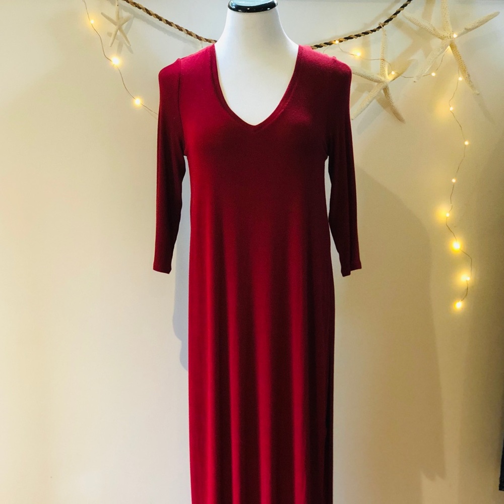 Three Dots Knit Double V Hi Lo Slit Dress Red Med